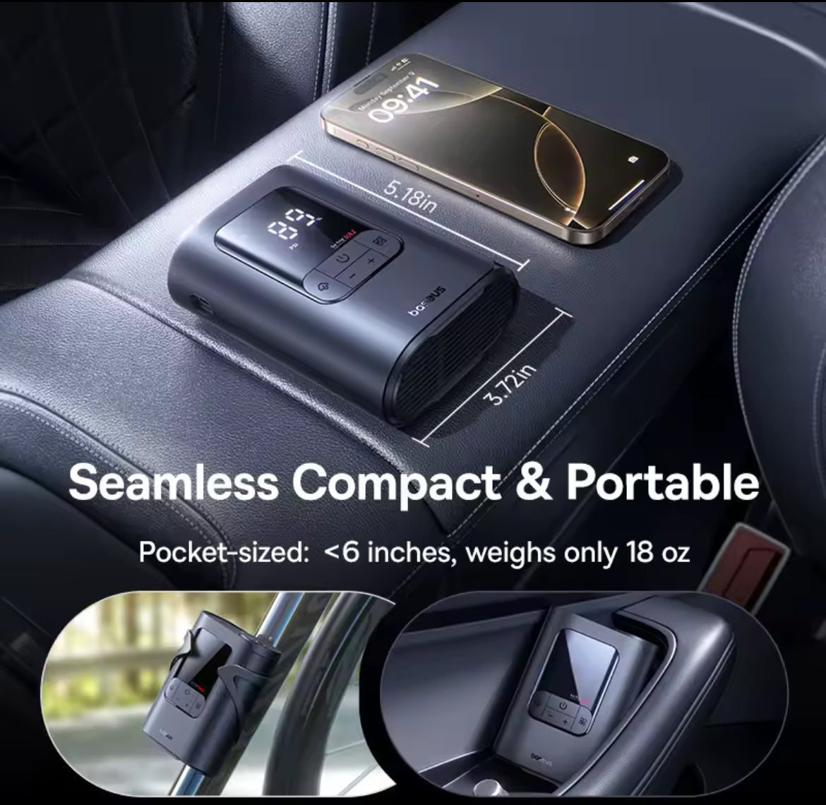 SafeCarry™ Gonfleur de pneus intelligent – Compresseur d’air voiture prêt à l’emploi avec affichage numérique
