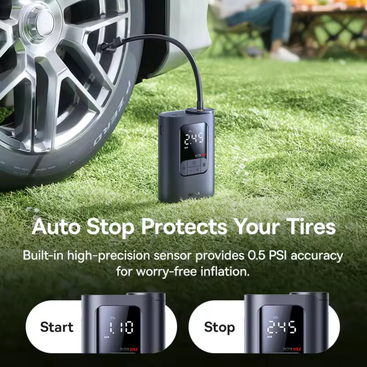 SafeCarry™ Gonfleur de pneus intelligent – Compresseur d’air voiture prêt à l’emploi avec affichage numérique